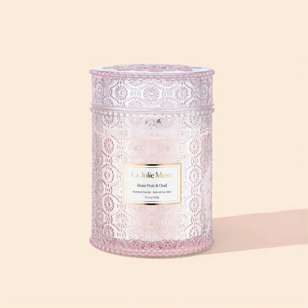 Product Shot of Maelyn - Rose Noir & Oud 19.4oz candle in the middle