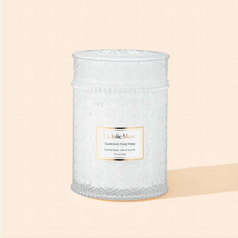 Product Shot of Maelyn - Gardenia & Ylang Ylang 19.4oz candle in the middle