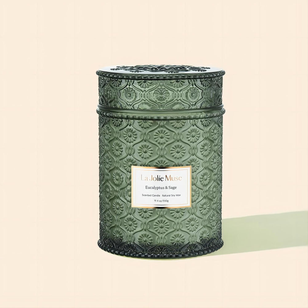 Product Shot of Maelyn - Eucalyptus & Sage 19.4oz candle in the middle