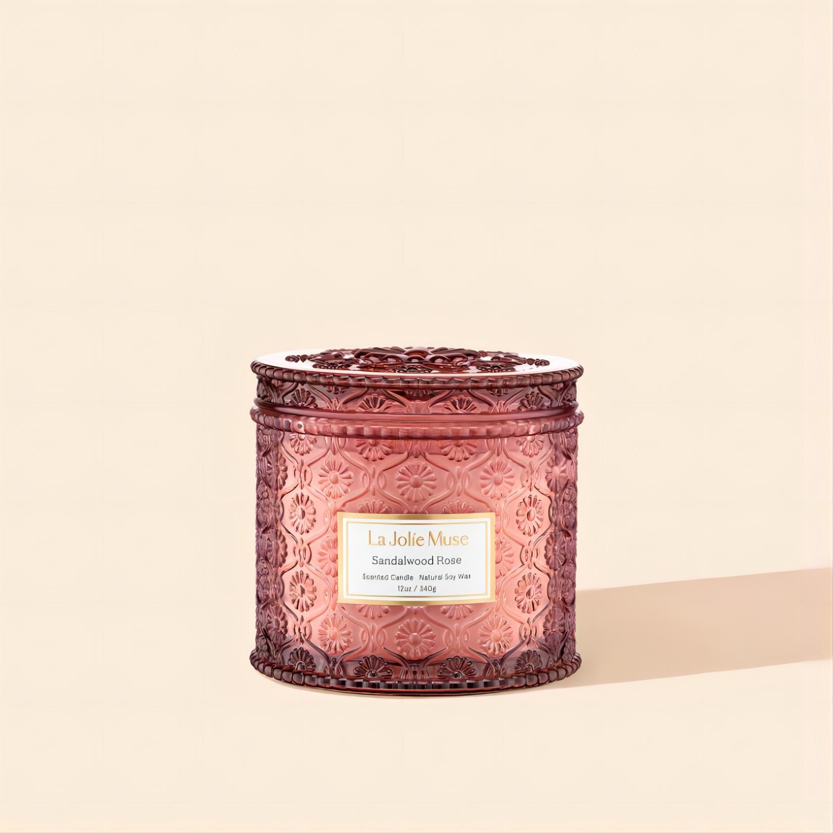Product Shot of Maelyn - Sandalwood Rose 12oz candle in the middle