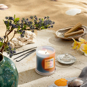 Photo shot featuring a burning Roesia - Zest Bora Bora 10oz candle placed in the middle of a wooden board, surrounded by plants, shells, coral, and dishes