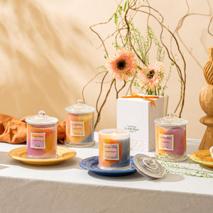 Collection shot of the new Roesia candle series, featuring various scents, all placed on dinner plates