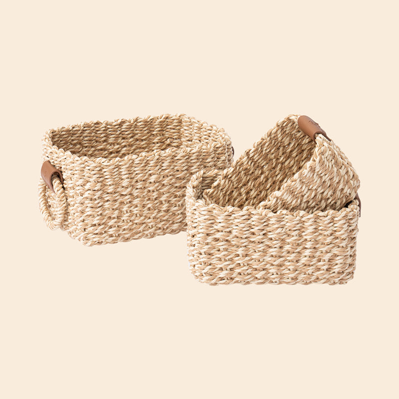 Kulu Desert and White Paper Rope Rectangle Baskets S Set 3 NEW