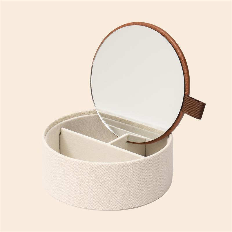 Colmar Beige Fabric Mirror Lid Round Jewelry Box