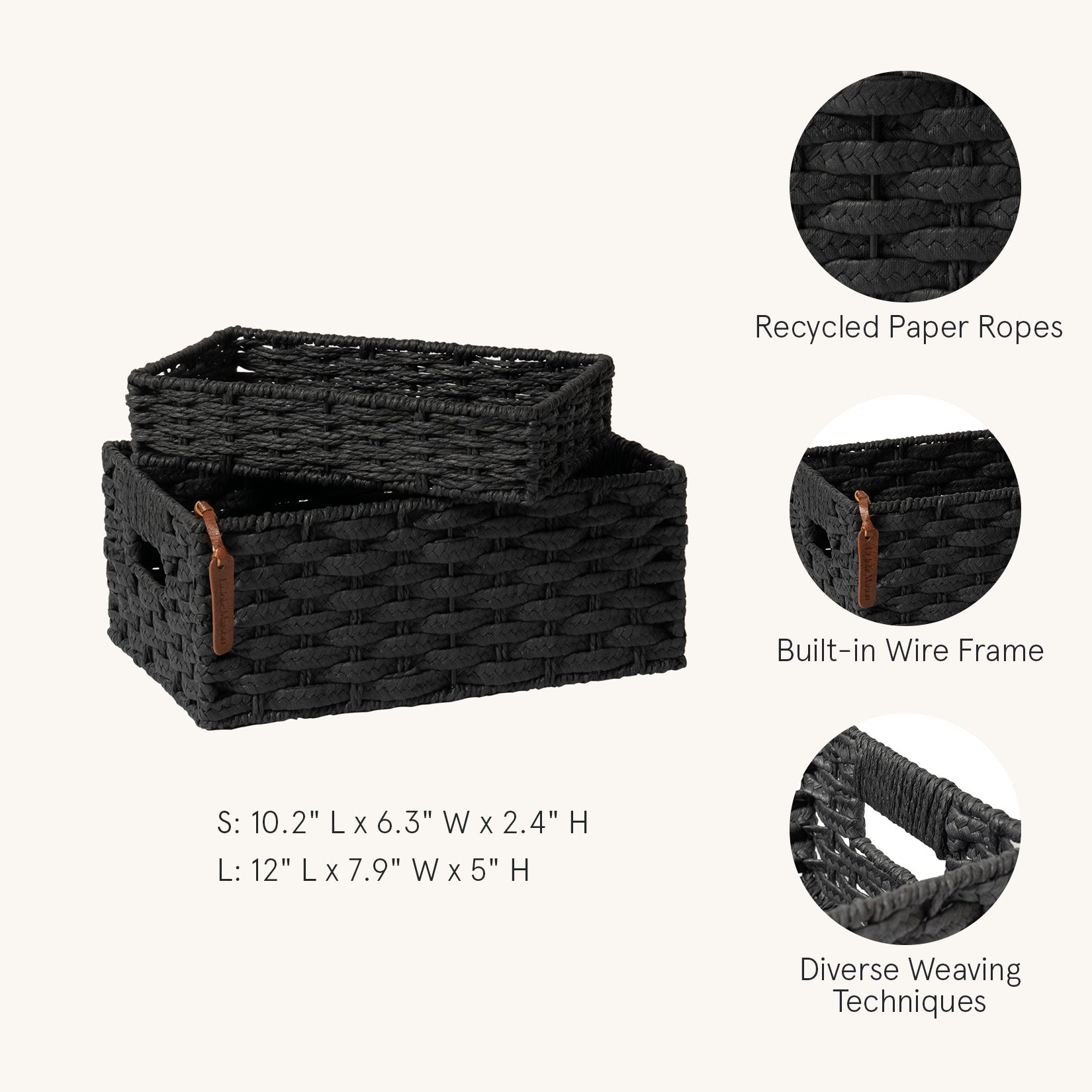 Lily - Maison Ebony Black Hand-woven Paper Rope Rectangular Storage Basket Set 2 2_1 LA JOLIE MUSE