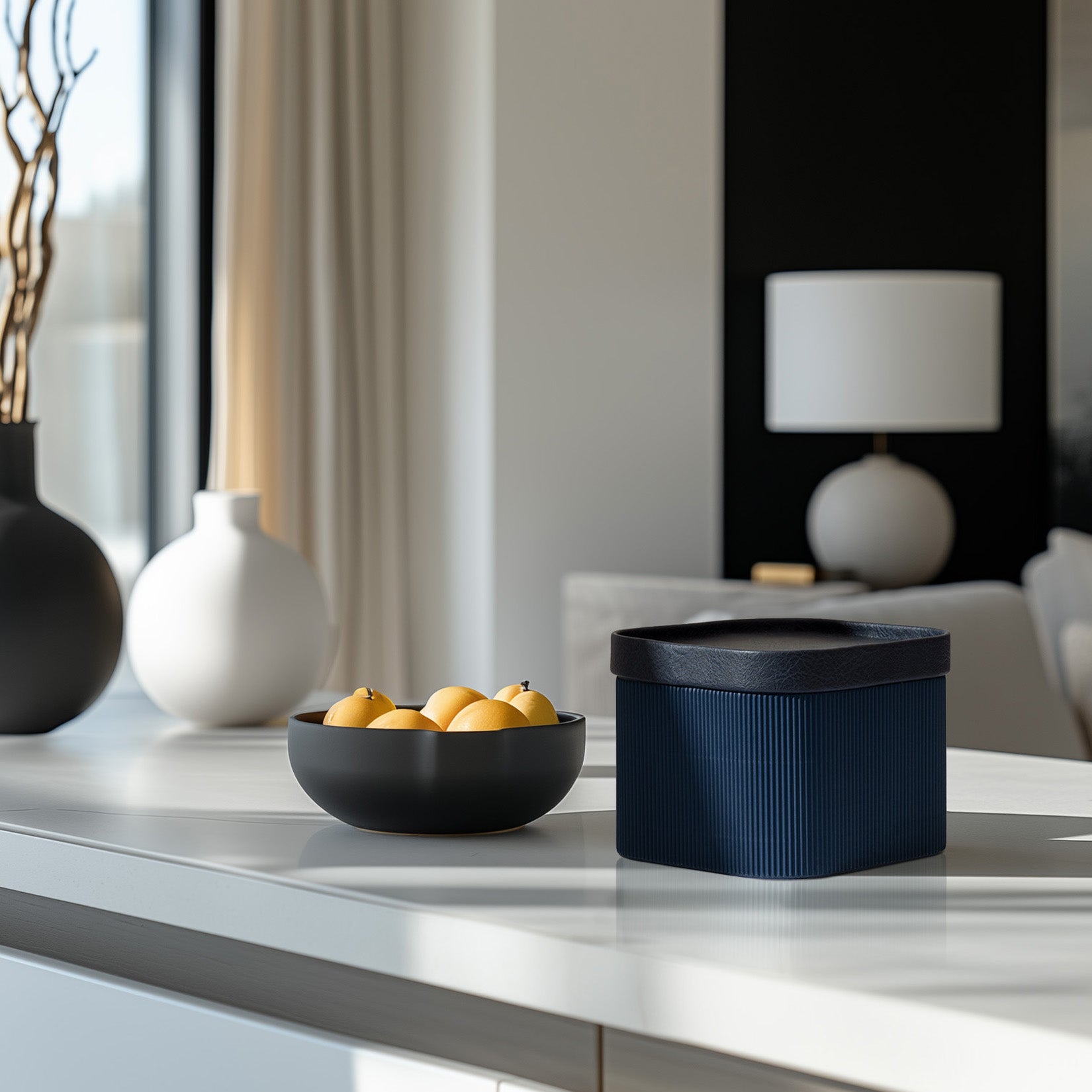 Alberto - Navy Blue Corrugated Paper Sqaure Storage Box With Vegan Leather Lid Set 2 2_17_21495690-01c2-4aa2-870c-8fc9c42f1a20 LA JOLIE MUSE