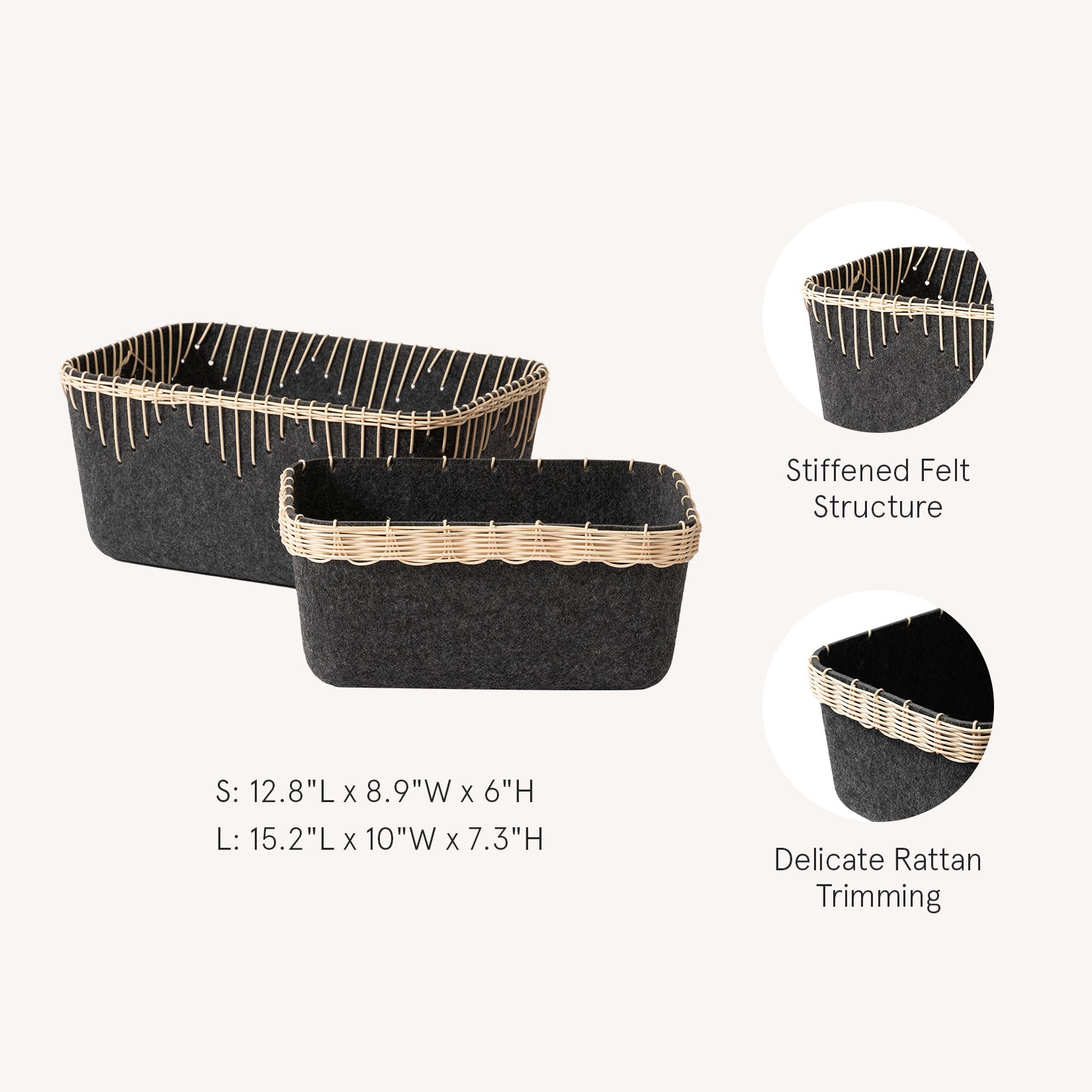 Yvette - Stone Grey Felt Rectangular Storage Basket M Set 2 2_2 LA JOLIE MUSE