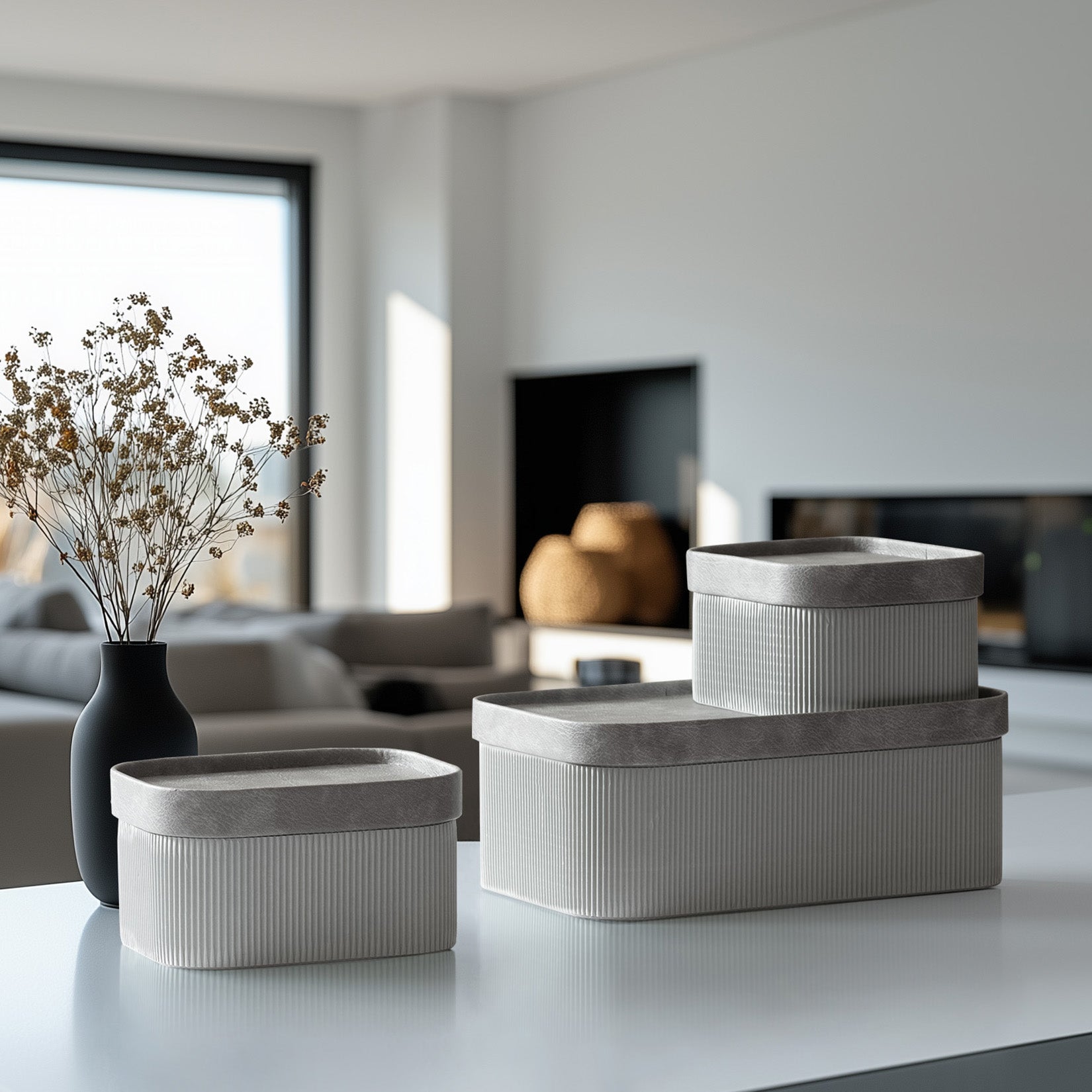 Alberto - Storm Grey Corrugated Paper Rectangular Storage Box With Vegan Leather Lid Set 3 2_3 LA JOLIE MUSE