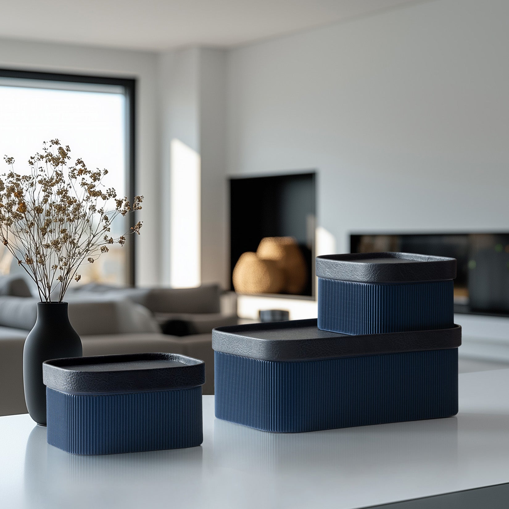 Alberto - Navy Blue Corrugated Paper Rectangular Storage Box With Vegan Leather Lid Set 3 2_4 LA JOLIE MUSE