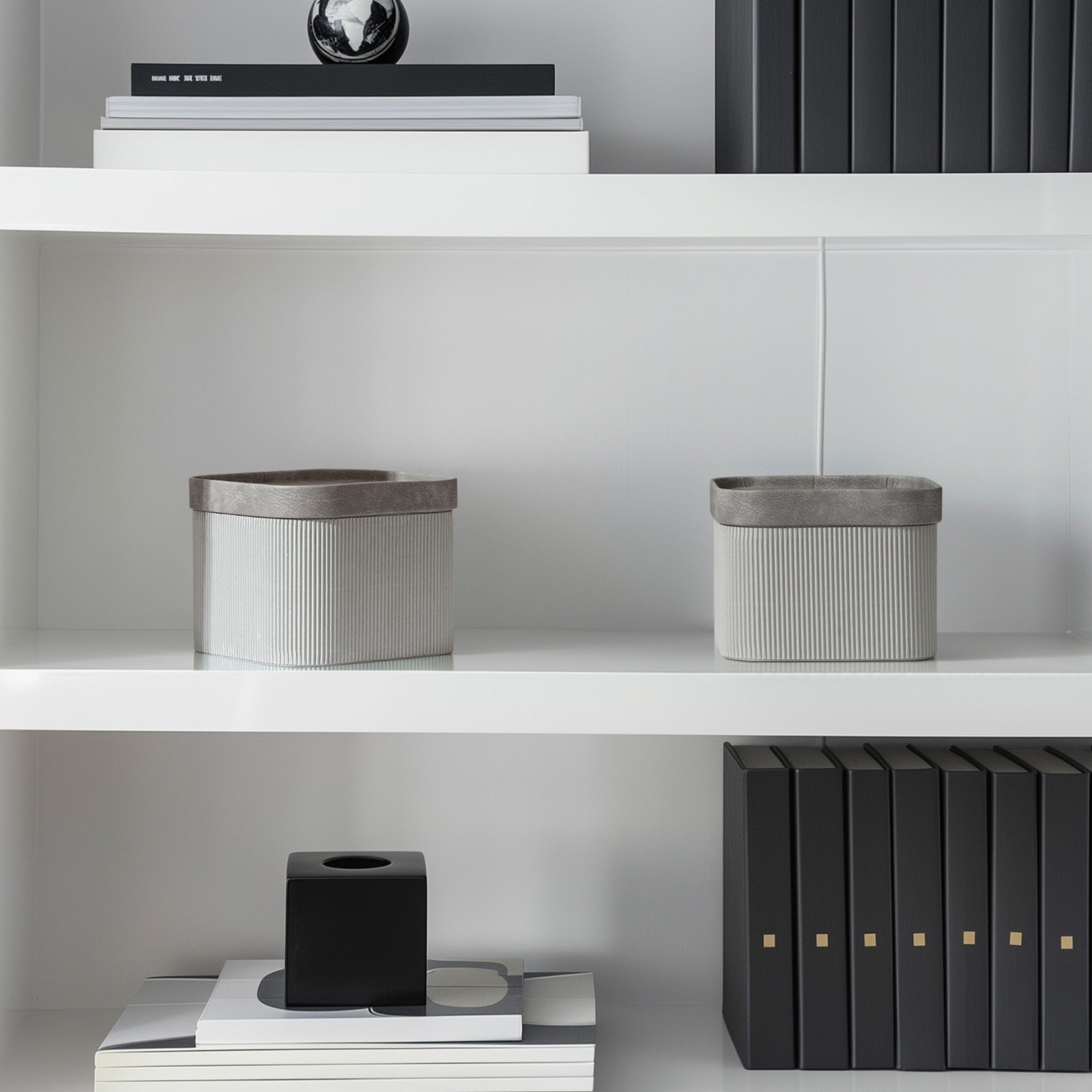 Alberto - Storm Gray Corrugated Paper Sqaure Storage Box With Vegan Leather Lid Set 2 3_14_91952dc2-7eff-4c22-961d-3468a1eacb92 LA JOLIE MUSE