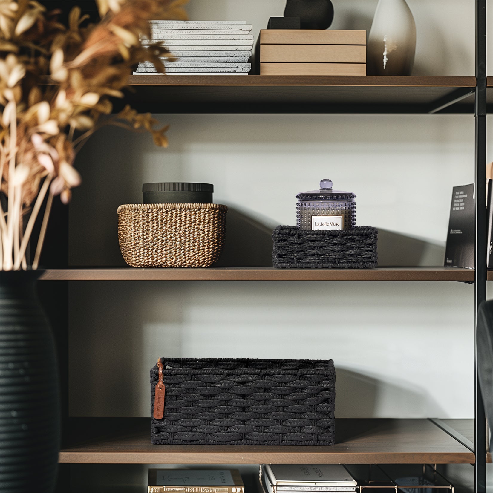 Lily - Maison Ebony Black Hand-woven Paper Rope Rectangular Storage Basket Set 2 3_15_69dd0b9f-777c-4984-870e-5d695a6a4b85 LA JOLIE MUSE