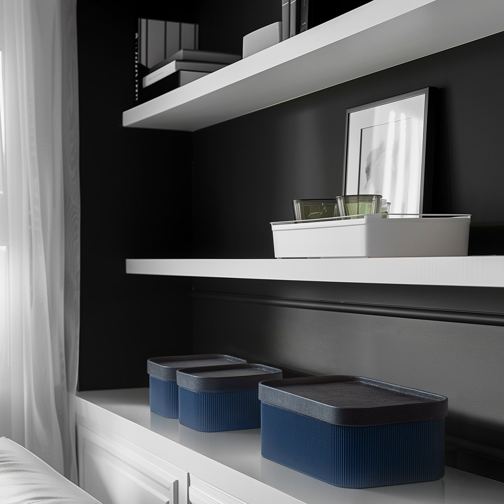 Alberto - Navy Blue Corrugated Paper Rectangular Storage Box With Vegan Leather Lid Set 3 3_17_caf582aa-92fc-4e2a-afaa-4e6f6bfb62d1 LA JOLIE MUSE