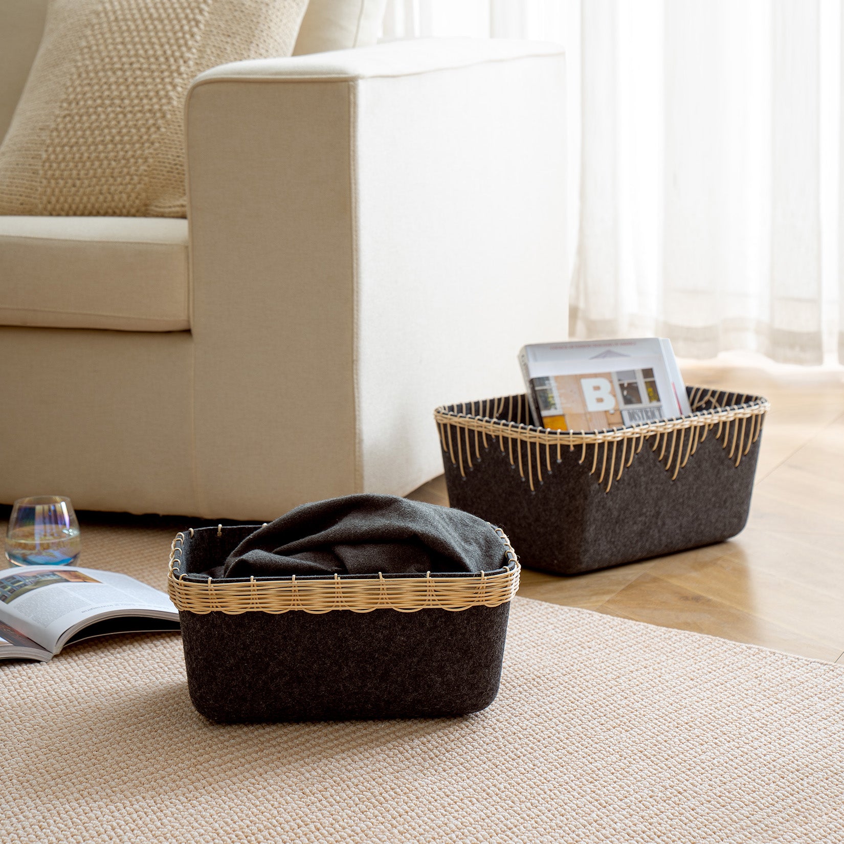 Yvette - Stone Grey Felt Rectangular Storage Basket M Set 2 4_15_80e72bed-bf6e-417e-b041-352002f9b250 LA JOLIE MUSE