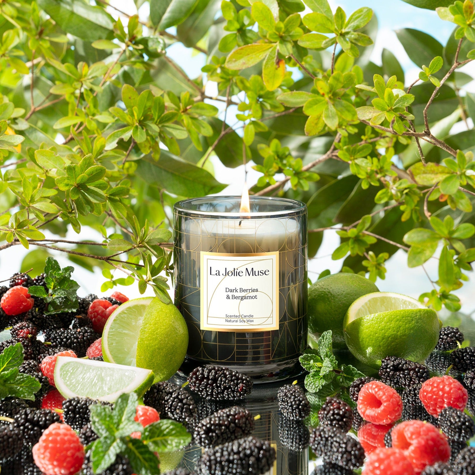  Photo shot of a Roesia - Dark Berries & Bergamot 9.9oz candle placed on a mirror, surrounded by sliced lemons, raspberries, blackberries, with plants behind the candle