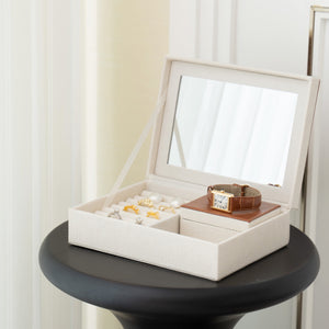 Colmar Beige Fabric Brown Mirror Lid Rectangular Jewelry Box