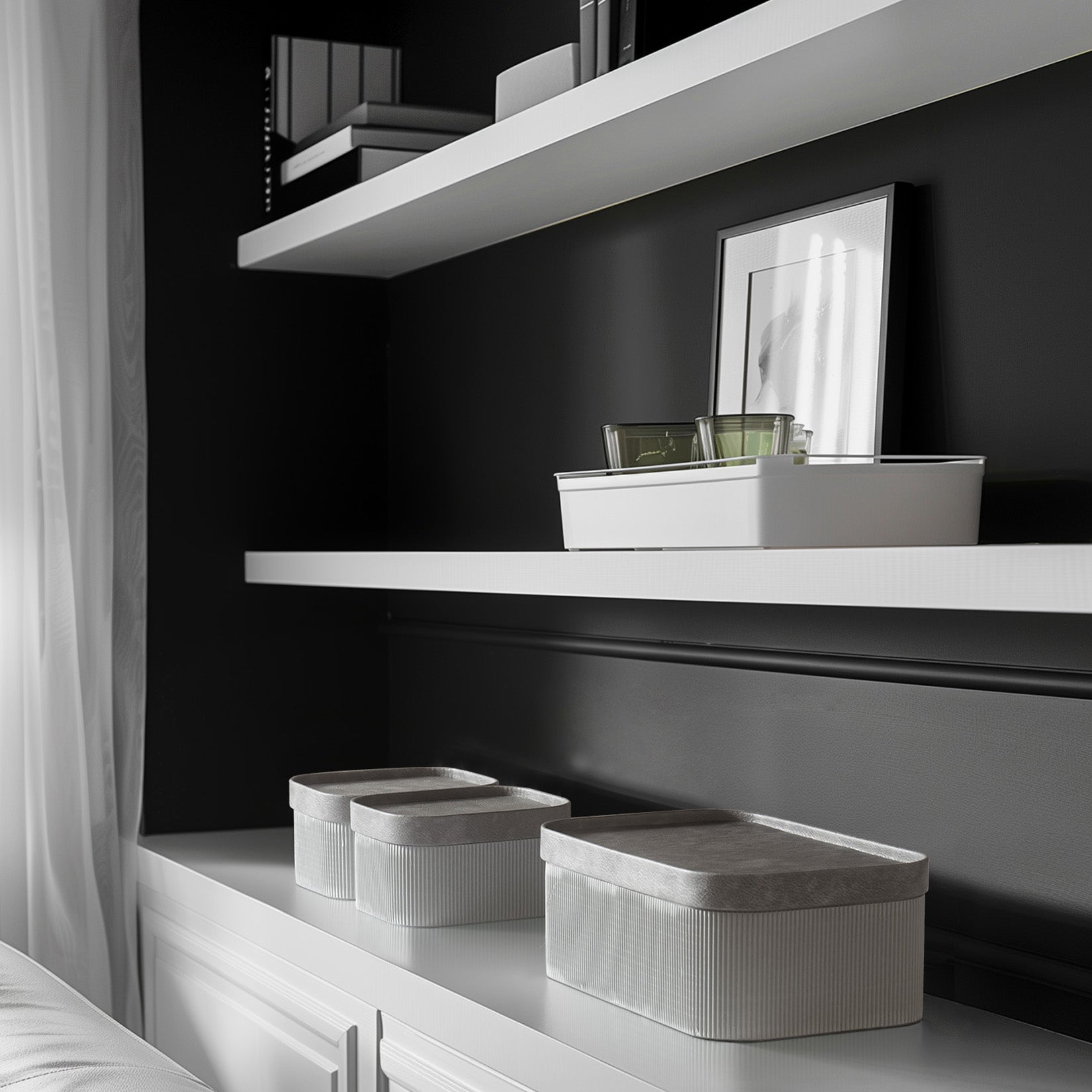 Alberto - Storm Grey Corrugated Paper Rectangular Storage Box With Vegan Leather Lid Set 3 6_2_1 LA JOLIE MUSE