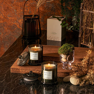 Photo shot of two lit Roesia - Kyoto Vine & Moss 10oz candles arranged on a table, with candle packaging, plants, and stones also on the table