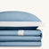 Paulina Sky Blue 200 thread count combed cotton duvet set. Single sky blue and white pillow stacked on folded sky blue and white duvet set.