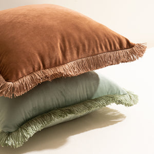 Brita Frosty Green Tassel Fringed Velveteen Pillow Cover Set of 2
