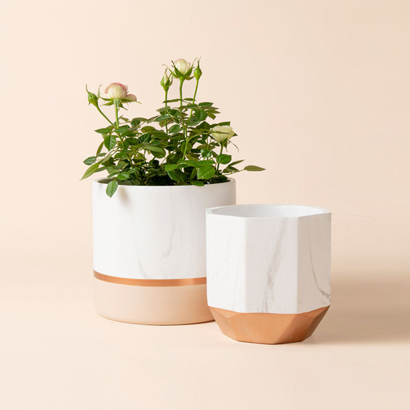 Each set contains 6.7-inch and 5.4-inch pots. Two pots are displayed next to each other, one of which holds flowers.