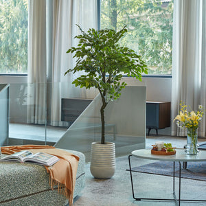 A small artificial ficus tree is placed in front of the stairs, surrounded by a sofa and table with fruit and flowers on top.