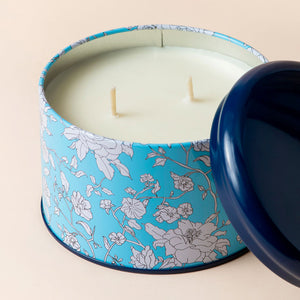 A close up of Citronella Scented candle, showing its dual cotton wicks.