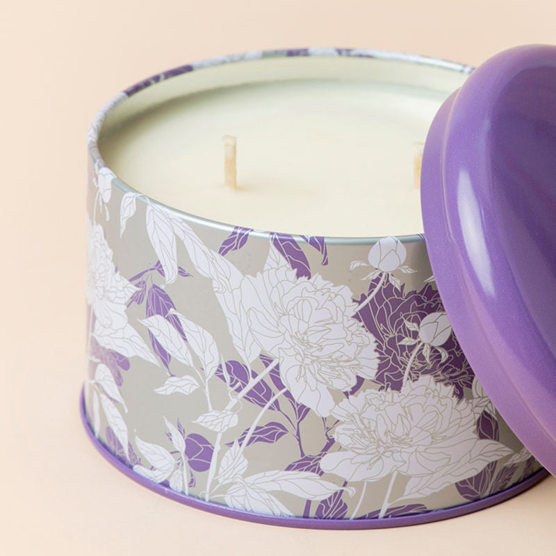 A close up of Lavender Scented candle, showing its double cotton wicks.