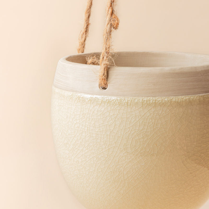 A close view of a ceramic hanging planter, showing the intricate veins on its body and unglazed light brown rim. 