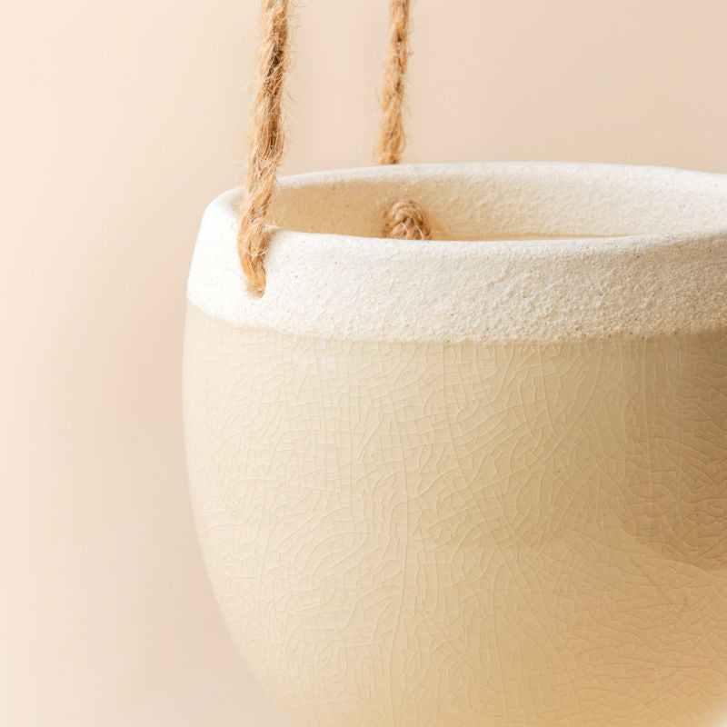 A close up of a ceramic hanging planter, showing the intricate veins on its body and vintage stitching of white and beige. 