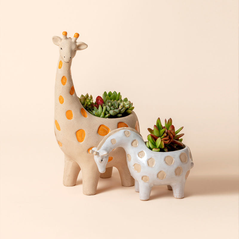 A set of two giraffe pots for succulent plants, made of premium ceramic and fully glazed.
