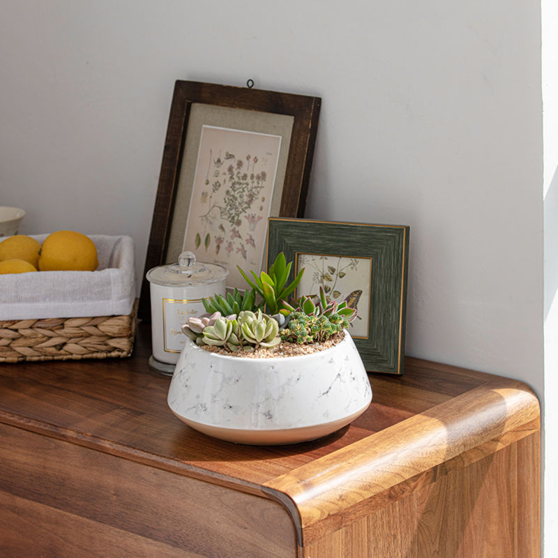 The white planter with succulents in it is placed on a wooden table, in front of picture frames and a candle jar.