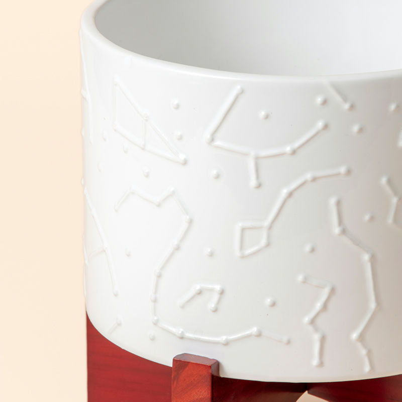 A close up of white ceramic pot with wooden stand, showing the unique star chart embossings around its exterior.