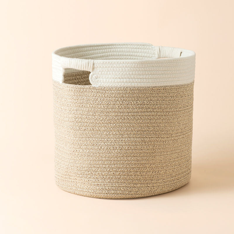 A full view of rounded rectangle cotton baskets in white and sand with two built-in handles.