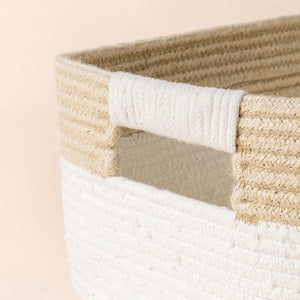 A close-up of cotton rope and jute basket, showing its pure cotton and handle features.