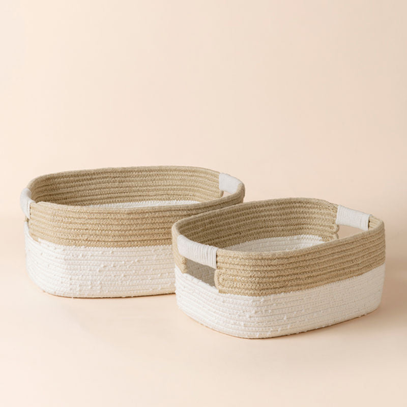 A full view of cotton rope and jute storage basket Set. Two different sizes of storage baskets are displayed next to each other.