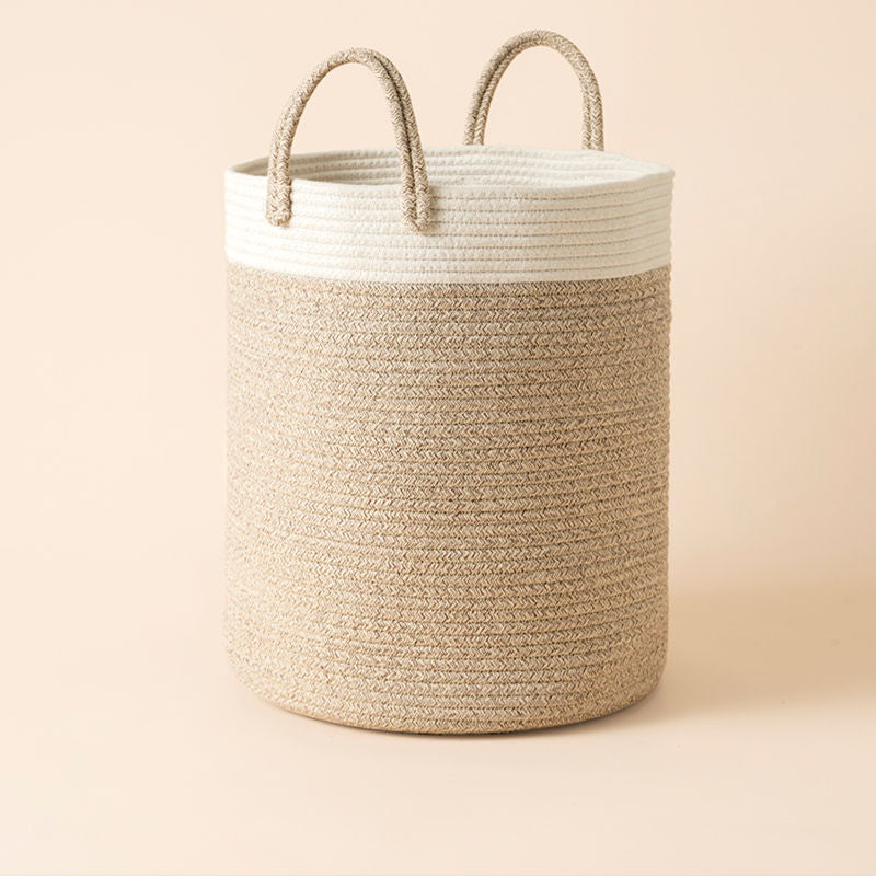 The beige-sand color palette cotton rope storage basket, made of 100% cotton with two handles.