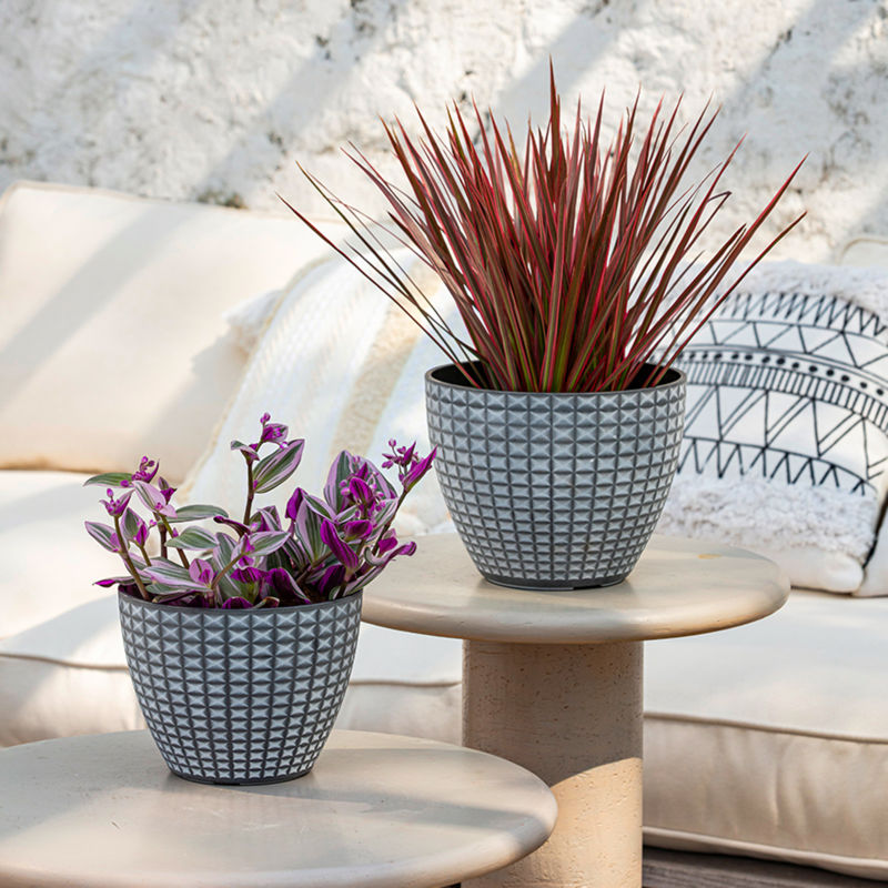 Two gray gradient planters are placed on small coffee tables separately, in front of a beige sofa.
