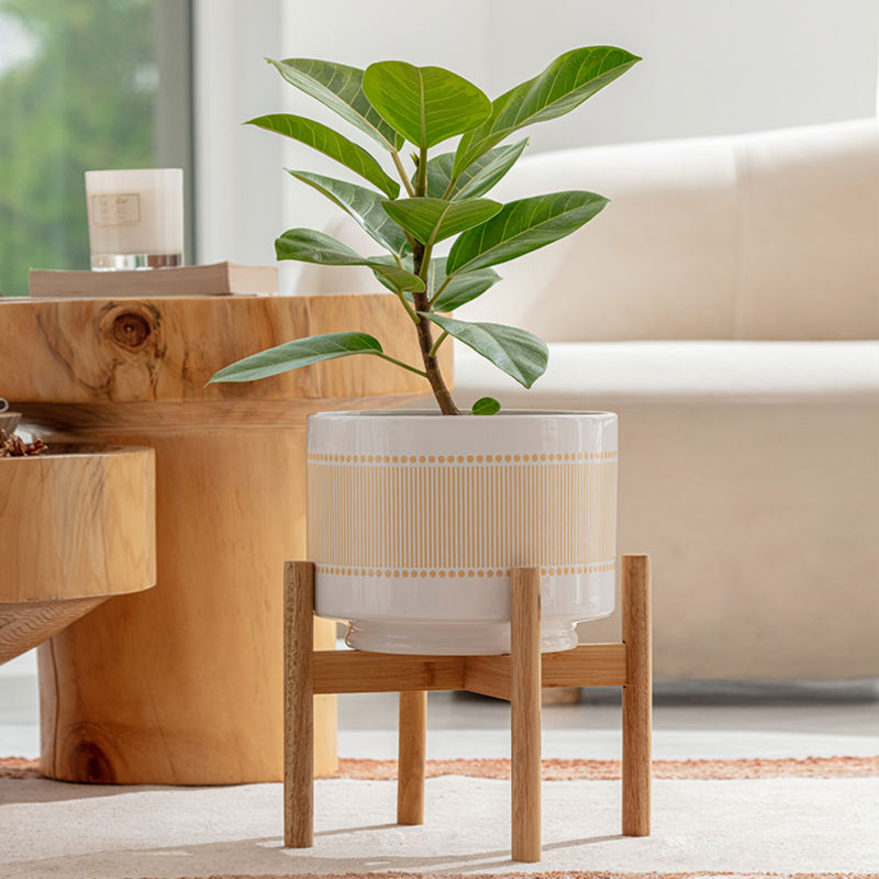 A yellow beige ceramic pot with stand is displayed in a living room, in front of a wooden table and white sofa.