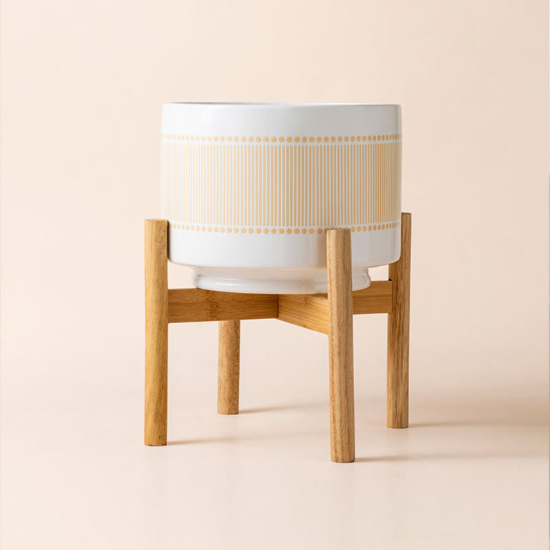 A full view of yellow beige planter with jewel pattern, made of premium ceramic.