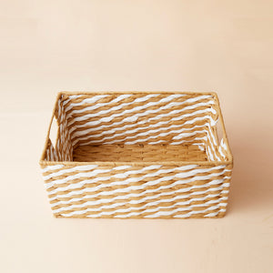 The full view of the Lily beige paper rope storage basket, showing its beige base and woven pattern.