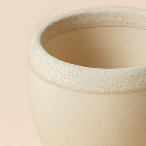 A close-up of the planter, showing its natural unglazed rim and smooth curve.