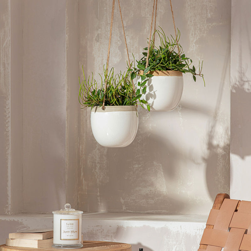 A set of two lush white pots are hanging on the wall, one of which holds flowers.