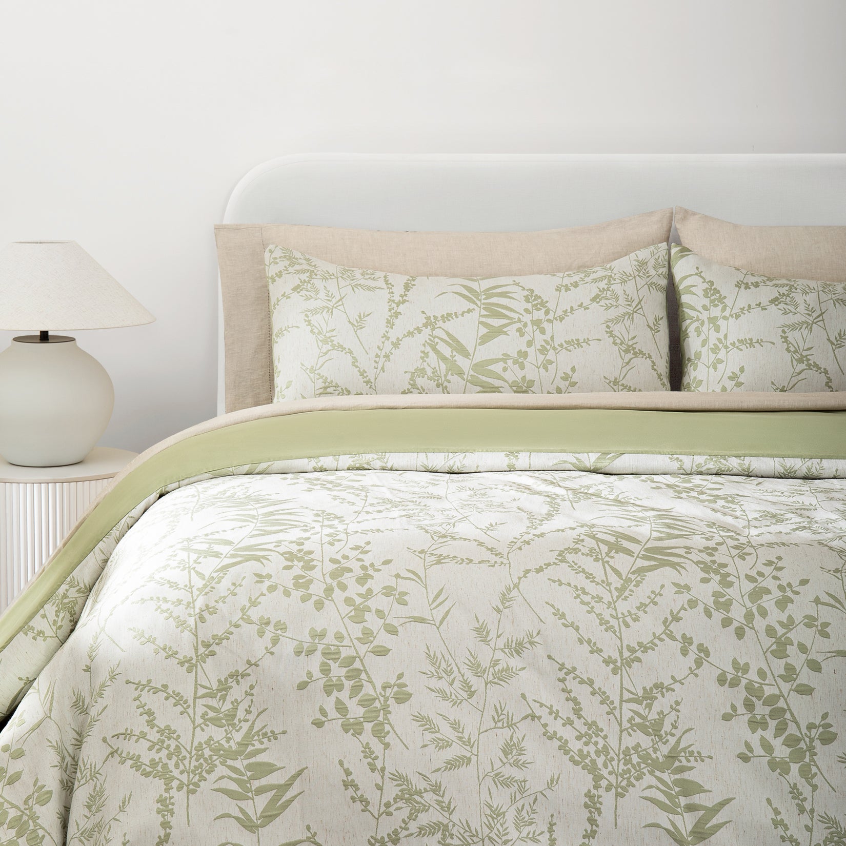 Chantal Leafy Jacquard Creamy White and Sage Green Cotton Duvet Cover Set of 3