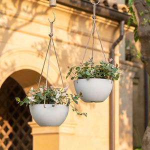 Two white matte planters are hanging on the tree, in front of a yellow arch door.