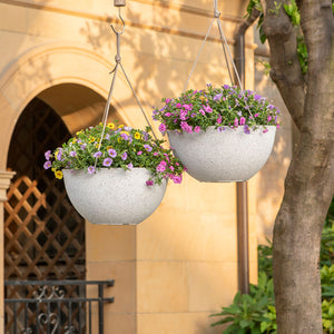 Flowers are potted in the white planters and hanging on a tree outdoor. The pots are displayed in front of a door.