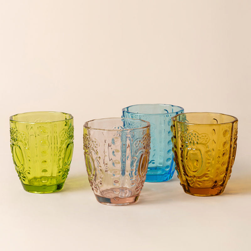 A picture of all the drinking glasses, made with durable glasses and  transparent colors.