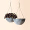 A set of two gray hanging planters, made from recyclable plastic and natural stone powders.