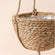 A close up of seagrass hanging planter, showing its intricately intertwined exterior and white lined interior. 