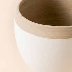 A close up of a white planter, showing its unglazed brown rim and dimension in 4.9 inches.