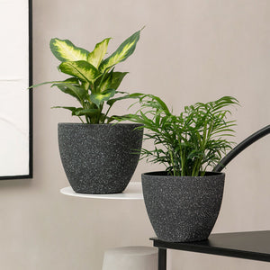 A set of two planters with plants are placed in the room. The small one is placed on a chair and the large pot is on a white table.